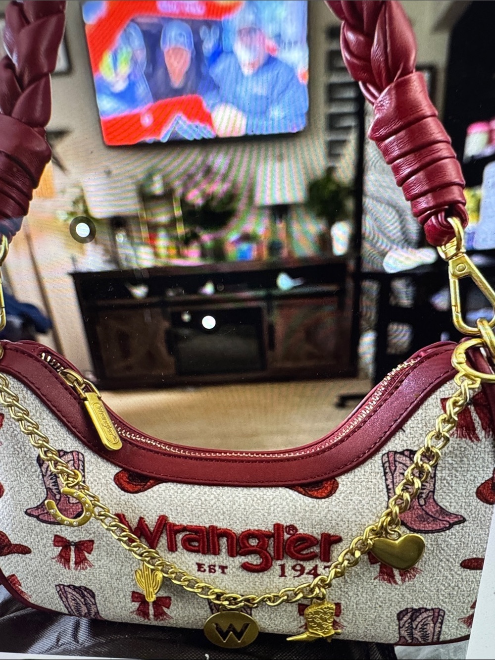 Wrangler Pink and Gold Canvas Shoulder Bag with Charm Chain